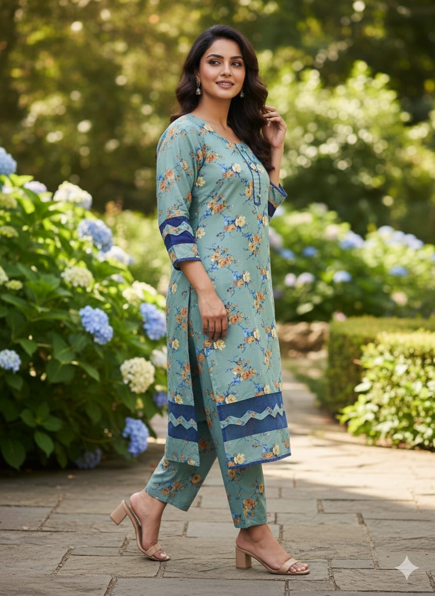 Floral –Stone cotton digital print cut work tishu pach Co-Ords 2Pc Set