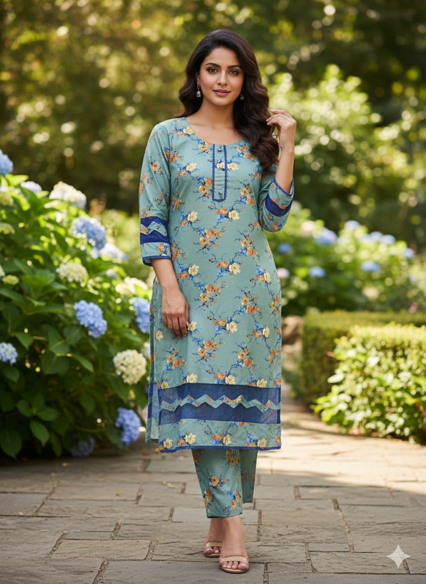 Floral –Stone cotton digital print cut work tishu pach Co-Ords 2Pc Set