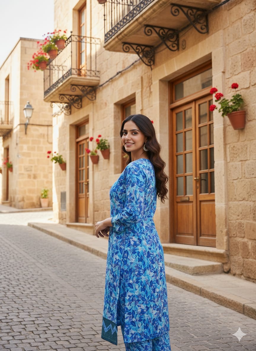 Floral –Stone cotton digital print cut work tishu pach Co-Ords 2Pc Set