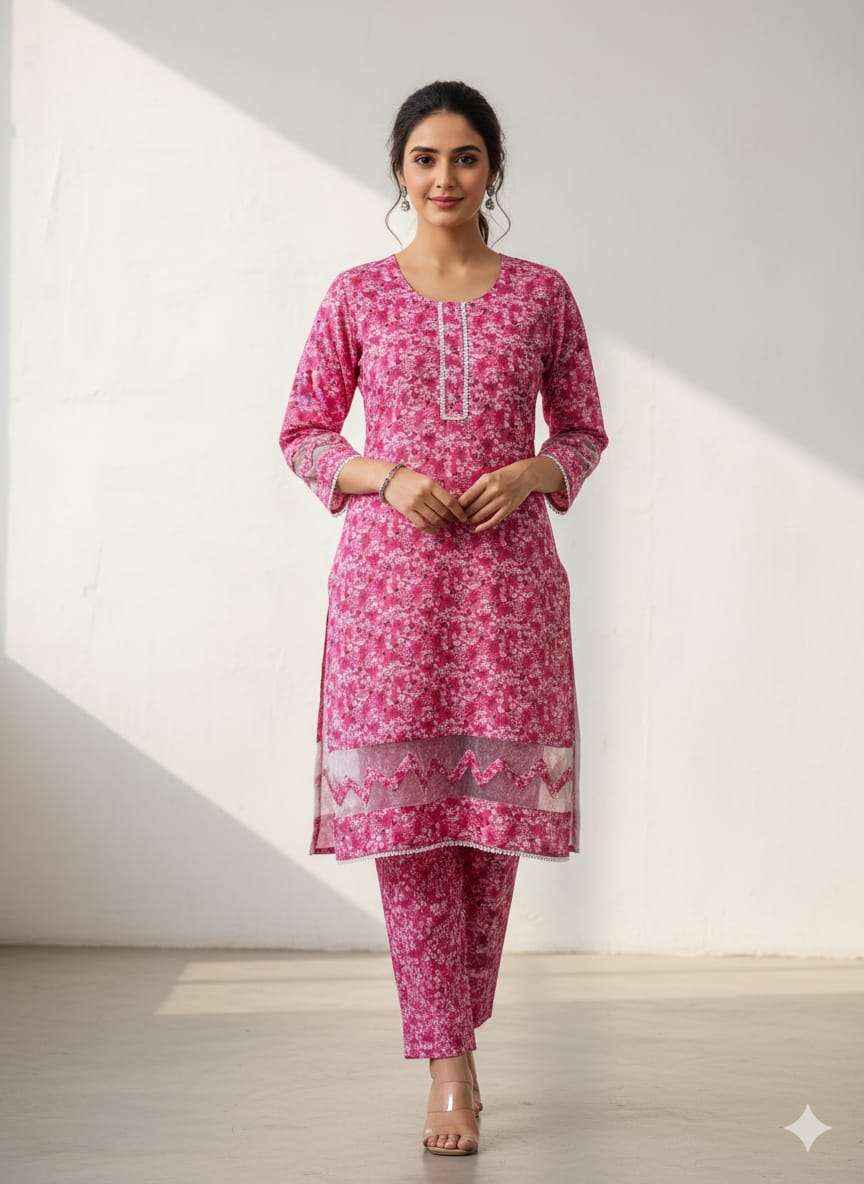 Floral –Stone cotton digital print cut work tishu pach Co-Ords 2Pc Set