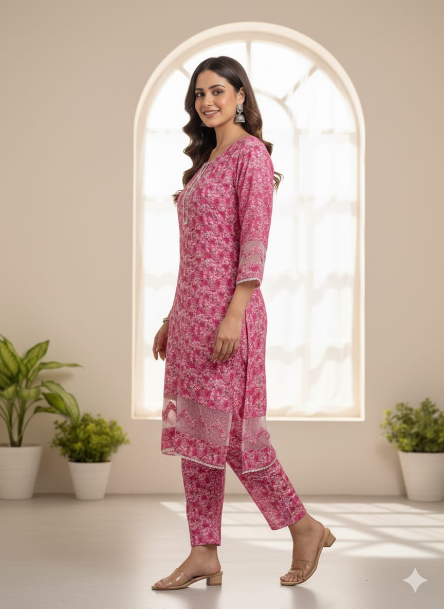 Floral –Stone cotton digital print cut work tishu pach Co-Ords 2Pc Set