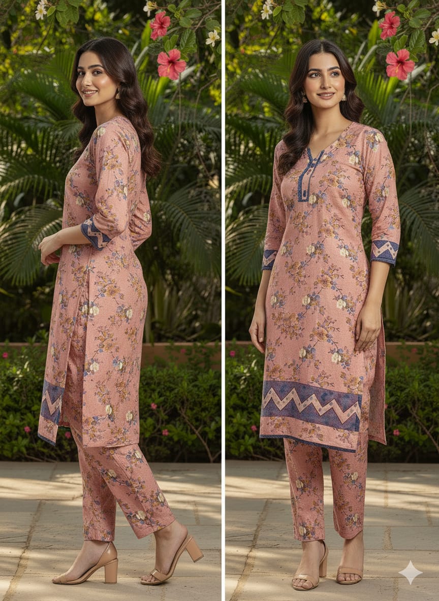 Floral –Stone cotton digital print cut work tishu pach Co-Ords 2Pc Set