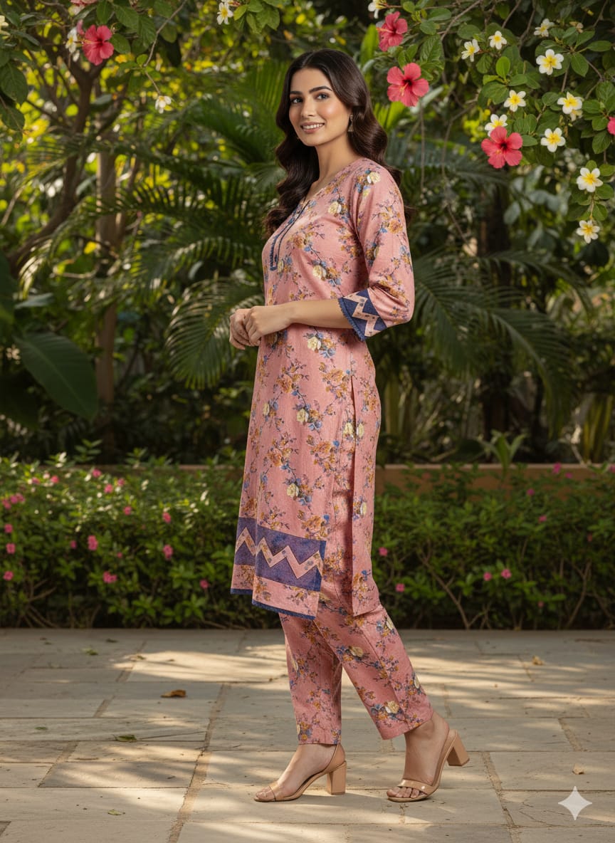 Floral –Stone cotton digital print cut work tishu pach Co-Ords 2Pc Set