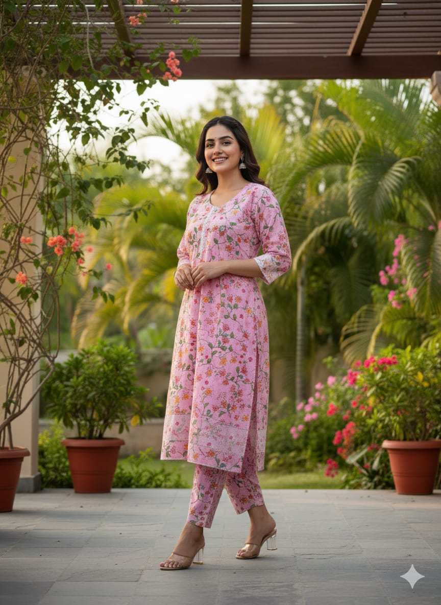 Floral –Stone cotton digital print cut work tishu pach Co-Ords 2Pc Set