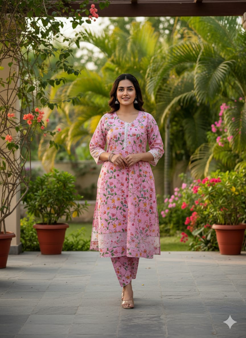 Floral –Stone cotton digital print cut work tishu pach Co-Ords 2Pc Set