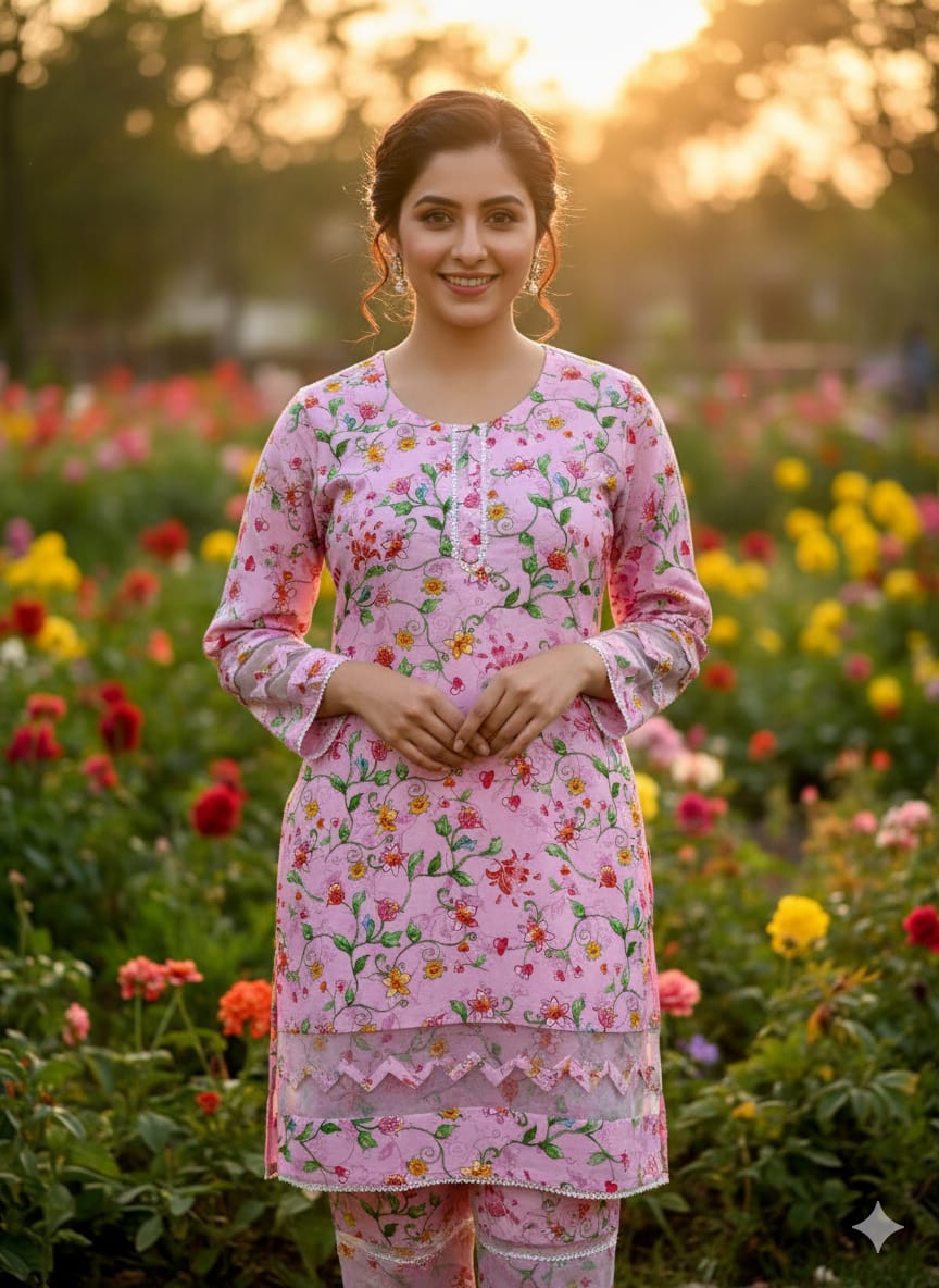 Floral –Stone cotton digital print cut work tishu pach Co-Ords 2Pc Set