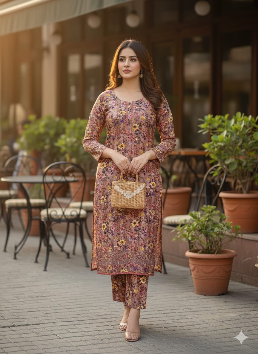 Floral –Stone cotton digital print cut work tishu pach Co-Ords 2Pc Set