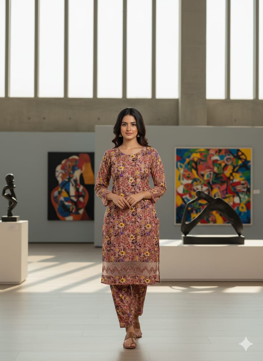 Floral –Stone cotton digital print cut work tishu pach Co-Ords 2Pc Set