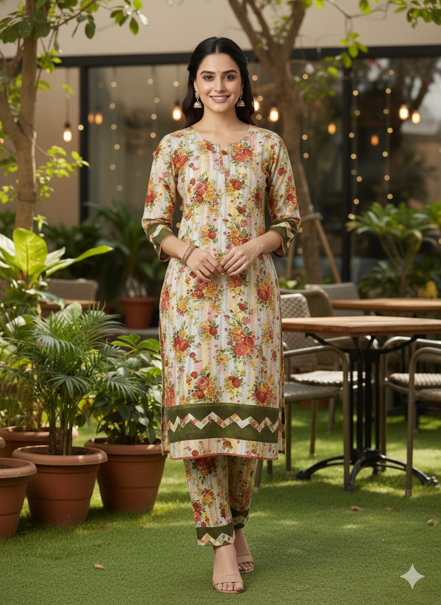 Floral –Stone cotton digital print cut work tishu pach Co-Ords 2Pc Set