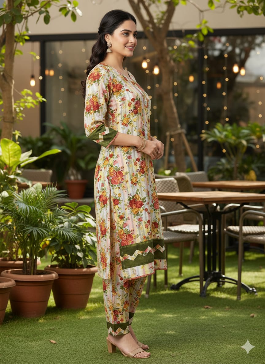 Floral –Stone cotton digital print cut work tishu pach Co-Ords 2Pc Set