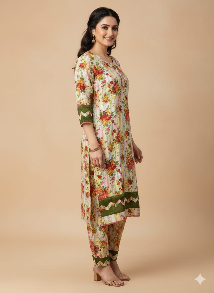Floral –Stone cotton digital print cut work tishu pach Co-Ords 2Pc Set