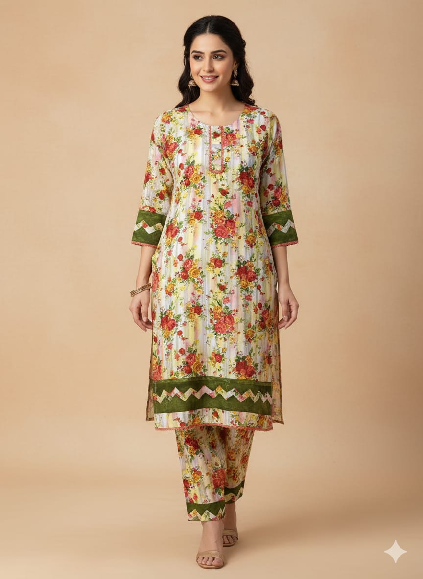 Floral –Stone cotton digital print cut work tishu pach Co-Ords 2Pc Set