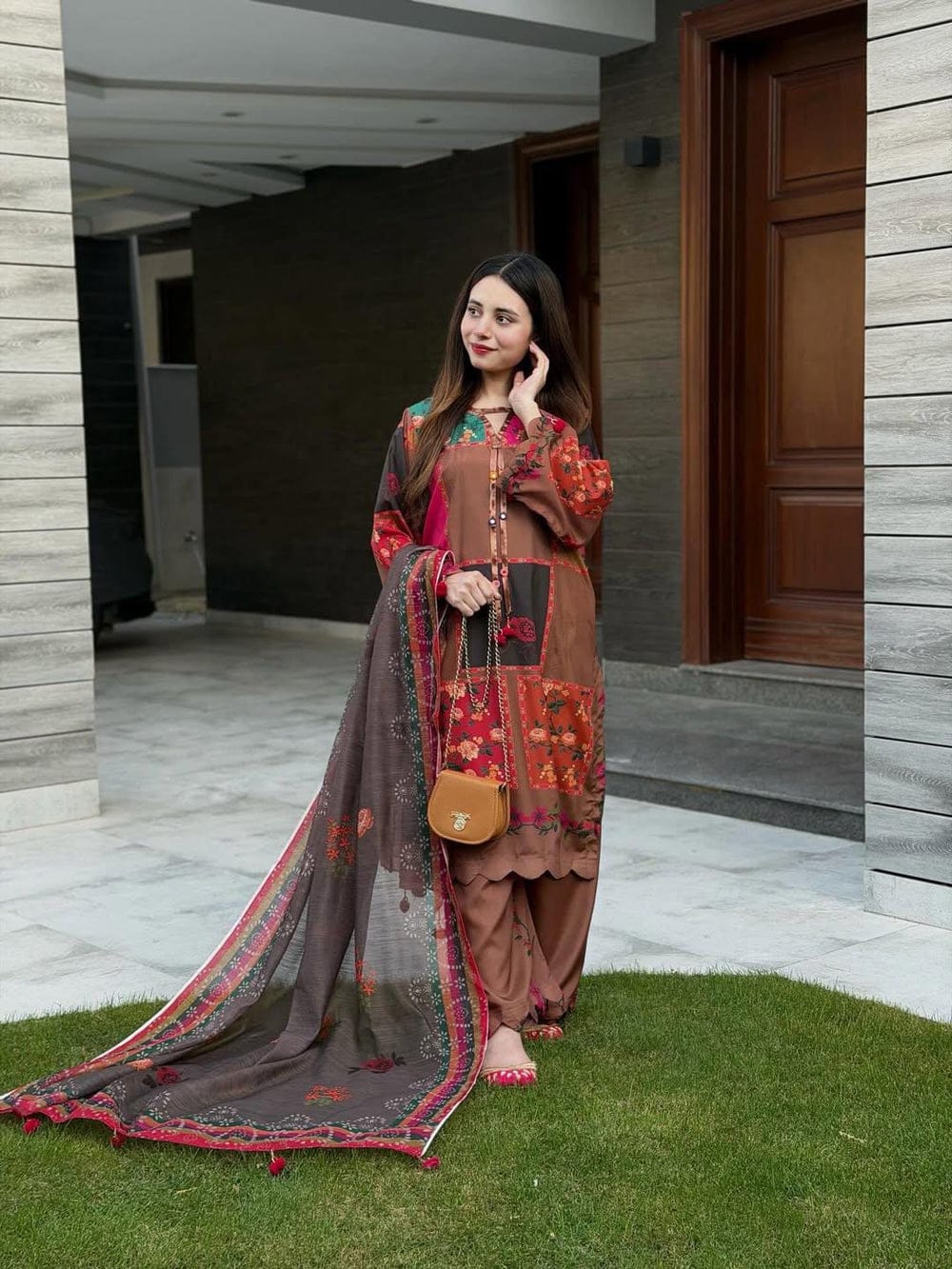 ARZOO DIGITAL PRINTED 3PCS HAND WORK EMBROIDERY WITH SHWAL.